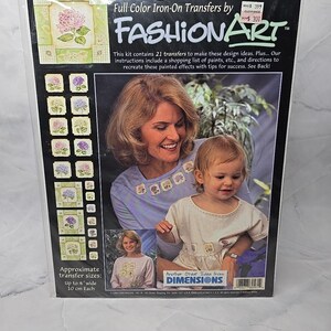 May include: A package of 21 iron-on transfers featuring a hydrangea design. The package includes instructions for using the transfers and a shopping list of paints. The transfers are approximately 4 inches wide. The package is from Fashion Art and Dimensions.
