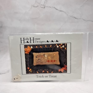 Holly House Designs Counted Cross Stitch Pattern Trick or Treat Halloween Pillow