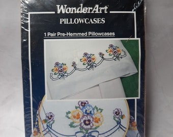 New WonderArt Stamped Pillowcases for Embroidery Pansy Delight Pair of Two