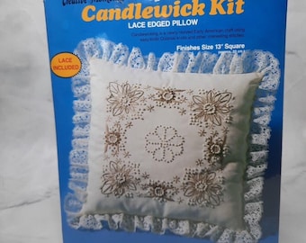 1983 Paragon Creative Moments Candlewick Kit Floral Border Lace Edged Pillow 13&quot;