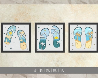 Summer Flip Flop Beach 3D Papercut Shadow box, Layered SVG Shadow Box, Cricut Design Downloads PNG Transparent Printing Design, Paper Craft