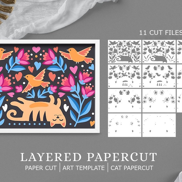 Cat Bird Shadow Box 3D SVG, Shadow Box SVG, Cricut Files, Cardstock svg, silhouette files, 3D shadow box, Paper cut svg, layered paper art