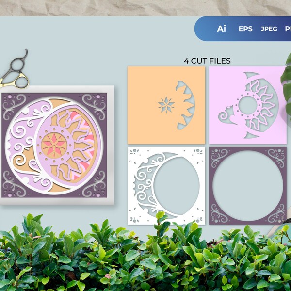 Celestial Moon 3D Papercut Shadow box, 3D Layered SVG Shadow Box, Cricut Design Downloads PNG Transparent Printing Design, Paper Craft