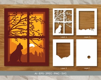 Cat in a Window, 3D Papercut Shadow box, 3D Layered SVG Shadow Box, Cricut Design Downloads PNG Transparent Printing Design, Paper Craft