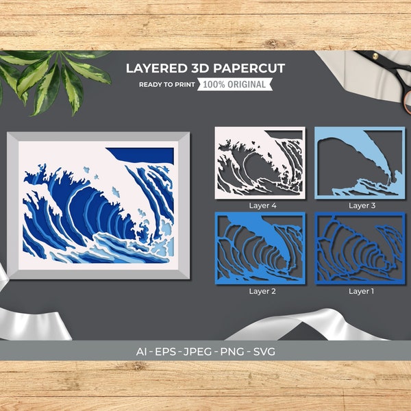 Waves Wave Surf 3D Papercut Shadow box, 3D Layered SVG Shadow Box, Cricut Design Downloads PNG Transparent Printing Design, Paper Craft