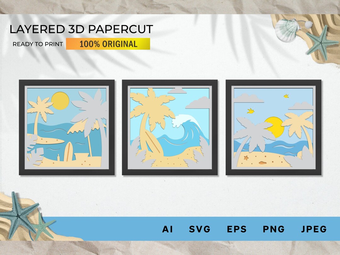 Summer Beach 3D Papercut Shadow Box, 3D Layered SVG Shadow Box, Cricut ...
