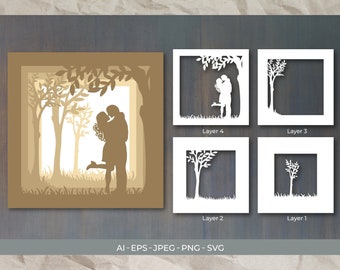 Lovely Couple 3D Papercut Shadow box, 3D Layered Couple SVG Shadow Box, Cricut Design Downloads PNG Transparent Printing Design, Paper Craft