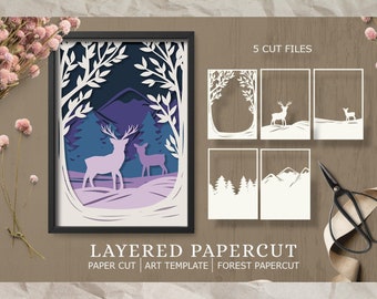 Deer, Stag, Forest, Mountains, SVG Shadowbox Template, 3D SVG, Layered Cardstock Paper Cut for Cricut, Shadowbox, Paper Craft, Cut File