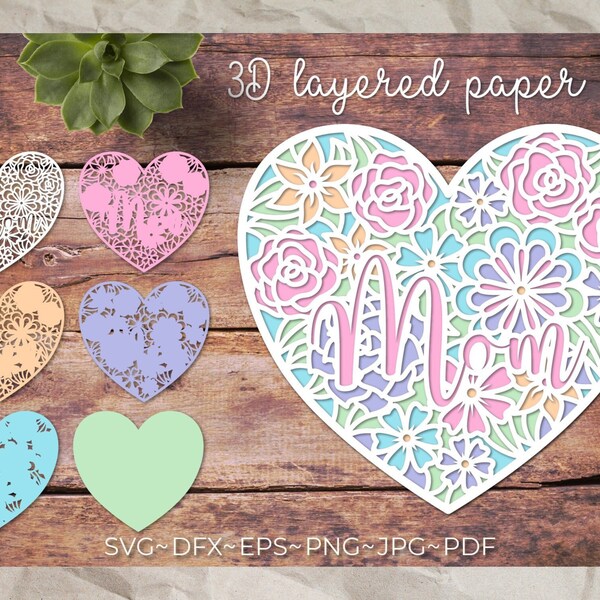 Heart shape Mom 3D Papercut Shadow box, Mother's Day SVG Shadow Box, Cricut Design Downloads PNG Transparent Printing Design, Paper Craft Heart shape Mom 3D Papercut Shadow box, Mother's Day SVG Shadow Box, Cricut Design Downloads PNG Transparent Printing Design, Paper Craft