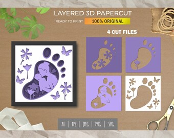 Baby Footprint, Motherhood, Newborn Baby, SVG Shadowbox Template, 3D SVG, Layered Cardstock Paper Cut for Cricut, Shadowbox, Paper Craft