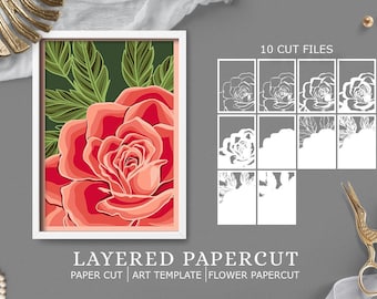 Rose Flower 3D Papercut Shadow box, 3D Layered Flower SVG Shadow Box, Cricut Design Downloads PNG Transparent Printing Design, Paper Craft