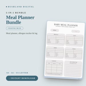 Planificador de comidas para el destete dirigido por el bebé: inicio de los sólidos, seguimiento de alérgenos y reflexiones diarias (azul)