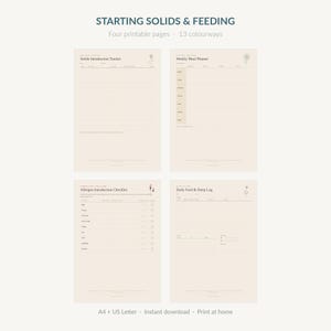 Paquete imprimible para la alimentación del bebé / Registro de introducción de sólidos, planificador semanal de comidas, lista de verificación de alérgenos / 13 combinaciones de colores, A4 + Carta estadounidense