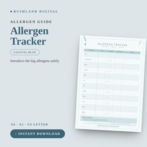 Könnte beinhalten: Ein digitales Allergen-Tracker-Dokument in Küstenblau mit einer Tabelle, die Spalten für Allergen, Datum, Exposition, Reaktion und Notizen enthält. Die Kopfzeile enthält den Text Bushland Digital, Allergen Guide und Allergen Tracker.