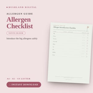 Könnte beinhalten: Ein digitales Dokument mit einer Checkliste zur Allergen-Einführung auf hellrosa Hintergrund. Der Text lautet Bushland Digital, Allergen Guide, Allergen Checklist, Native Bloom und Introduce the big allergens safely. Ein Formular ist abgebildet.