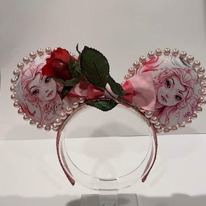 Belle Beauty & The Beast Princess Mouse Ears Minnie Mouse Pink Metallic with Red Rose WDW Disney World