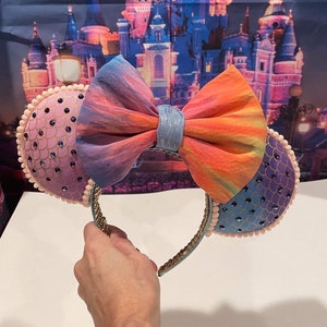Beautiful Watercolor Disney Minnie Mouse Ears Mermaid Scales Individual Rhinestones on Ear Pink Pom Pom Trim