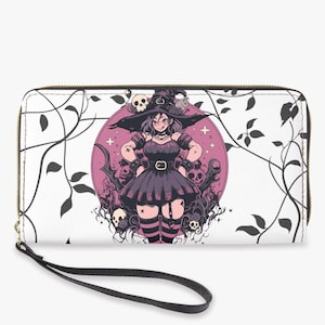 Cartera de mano con diseño de bruja gótica encantadora, estilo vegano, estilo espeluznante y encanto oculto, color blanco con vides negras