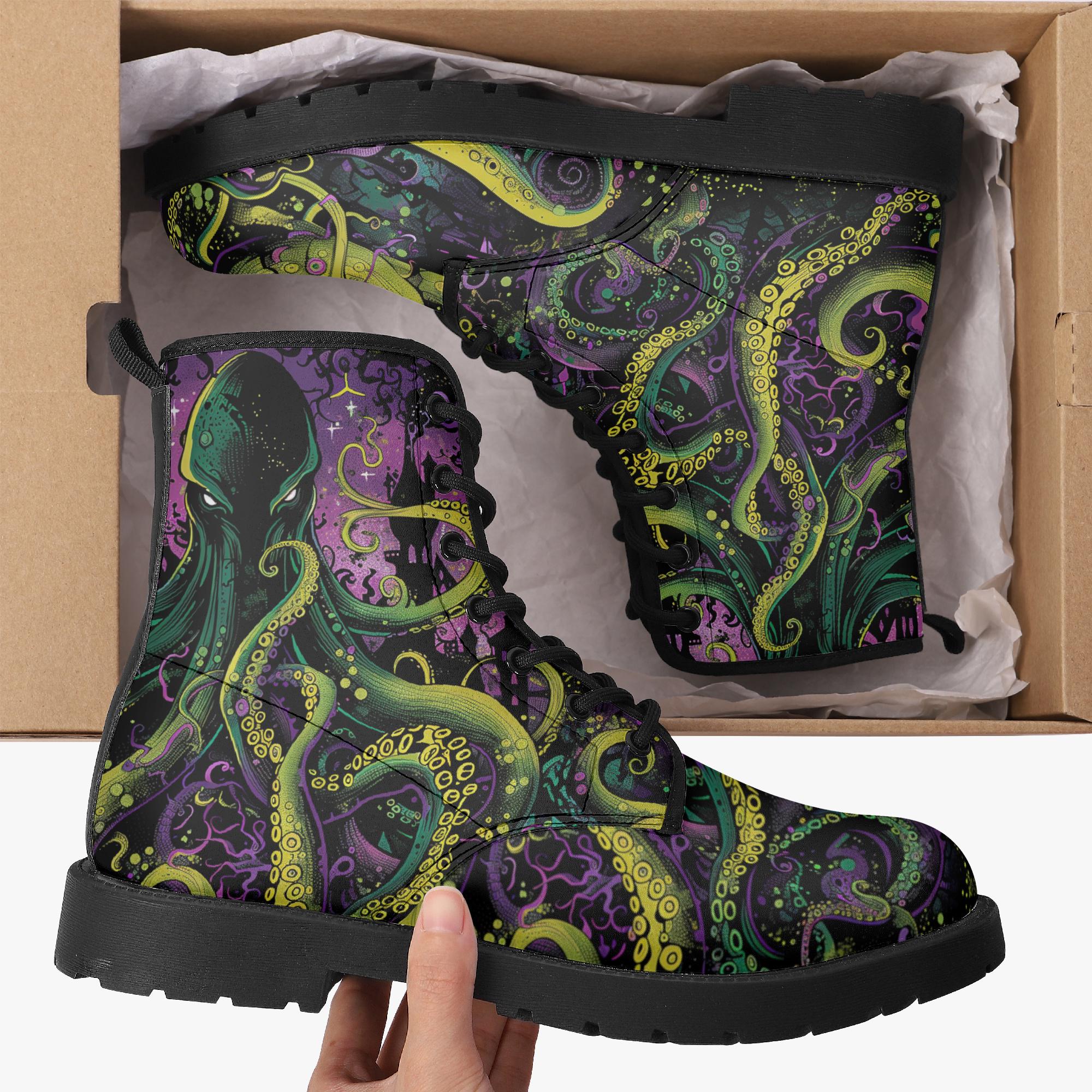 Blue Octopus Kraken Combat Vegan Men’s Leather Gothic Steampunk Boots EU 40.5 Animal Print Blue Boots for Men | eBay main image 3