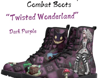Verdrehte Wunderland Gothic Springerstiefel – Dunkellila Alice im Wunderland inspirierte Vegane Schuhe