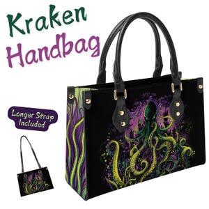 Kraken Tentakel Lederhandtasche - Vegane Gothic Seeungeheuer Geldbörse mit langem Riemen