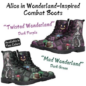 Mad Wonderland Gothic Combat Boots – Dark Green Alice in Wonderland-Inspired Vegan Leather Footwear