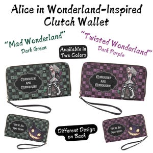Mad Wonderland – Cartera vegana de pulsera verde oscuro inspirada en Alicia en el País de las Maravillas – Clutch gótico de Wonderland con Gato de Cheshire