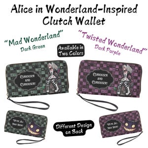 Twisted Wonderland – Cartera vegana de muñeca morada oscura inspirada en Alicia en el País de las Maravillas – Clutch gótico de Wonderland con Gato de Cheshire