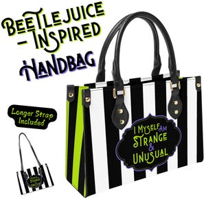 Beetlejuice-inspirierte Gothic Handtasche, Seltsame und Ungewöhnliche Gestreifte Vegan Leder Geldbörse mit Langen Riemen