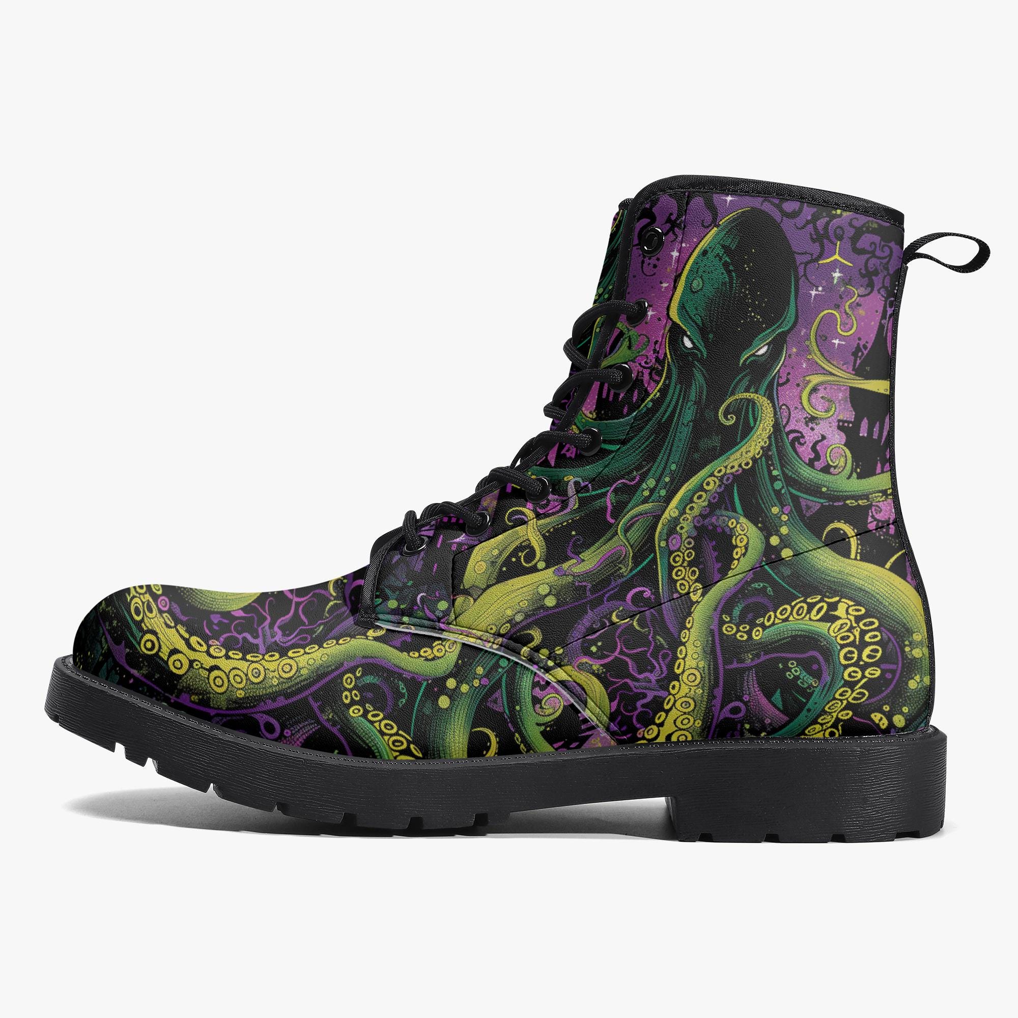 Blue Octopus Kraken Combat Vegan Men’s Leather Gothic Steampunk Boots EU 40.5 Animal Print Blue Boots for Men | eBay main image 2
