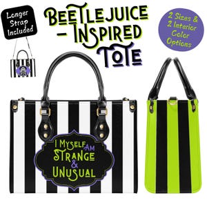 Beetlejuice-inspirierte Gothic Tote, Seltsame und Ungewöhnliche Gestreifte Vegan Lederhandtasche mit Großer Kapazität