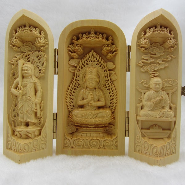 MD0652 Handmade tathagata Mahavairocana buddha engraved buddha statue triptych traveling shrine Nice portable buddhist worship praying idol