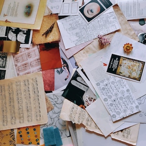 150pc Stack of Vintage Scrapbooking Paper Arts Crafts Music Notes, Cottage Prints, Coffee Stained Paper, Stickers, Postcard so much more