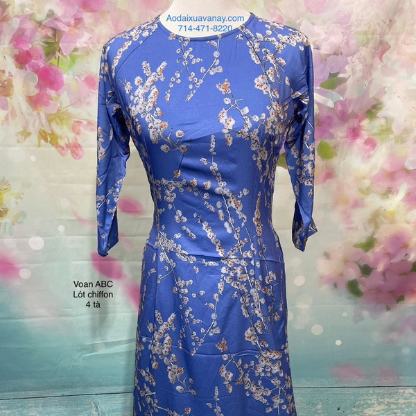 Áo dài xanh in hoa size XL 2X 3X 4X Áo dài voan ABC 4 tà Áo Dài Tết Blue ABC silk Ao Dai with floral print New Year Ao Dai