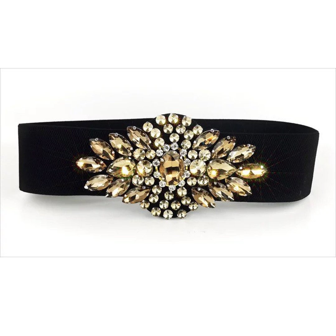 Women Bling Rhinestones Wide Elastic Waistband Belts Champagne White