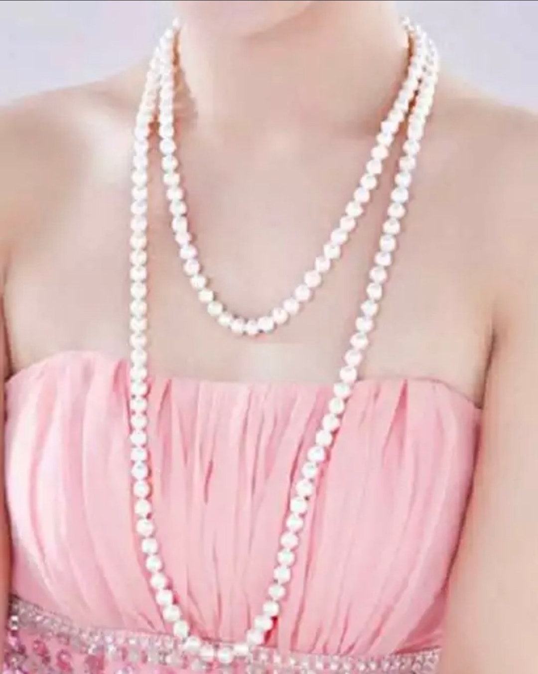 Vintage Pearl Necklace Classic Ladies Long Chain Pearl Necklace Double
