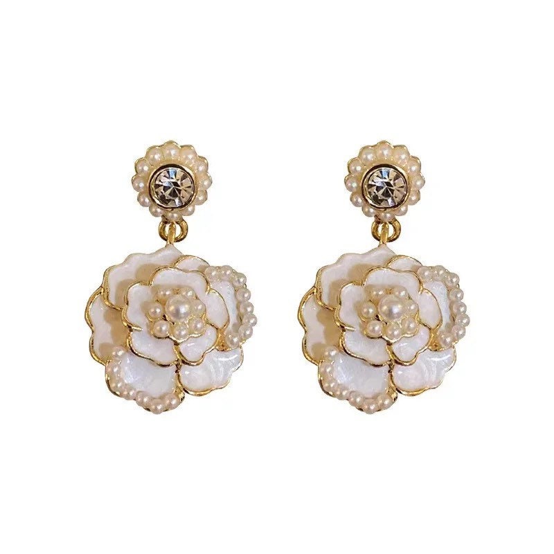 CHANEL Crystal Coco Flapper Camellia CC Stud Earrings Silver