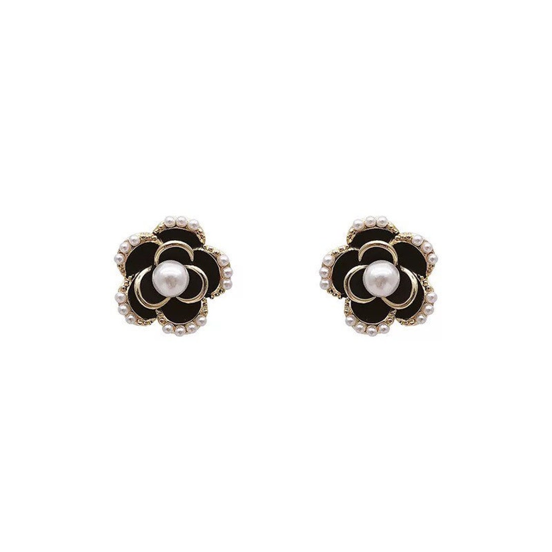 Vintage Number 5 Camellia Pearl Earrings - Asymmetrical Stud Earrings For Women, Gold Tone & Pearl