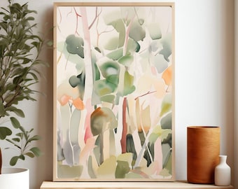 May include: A framed watercolor painting of a forest scene with green, pink, and beige hues. The artwork is displayed on a wooden bench, complemented by a decorative vase and a small, round wooden stool. A potted plant is to the left.