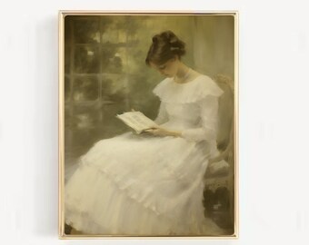 Portrait of Lady Reading Book, Victorian Decor, Antique Portrait Woman Reading