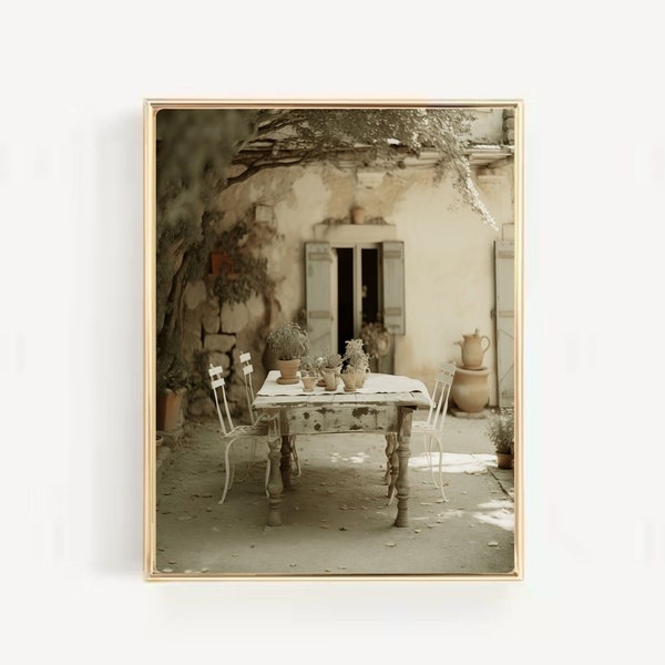 Vintage Neutral  Mediterranean Wall Art, Outdoor Table Courtyard Print, Mallorca Patio Print, Instant download
