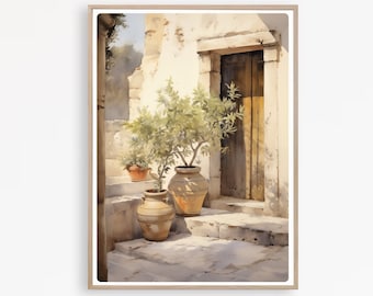 May include: A watercolor painting of a white building with a wooden door and three terracotta pots with plants in front of it.