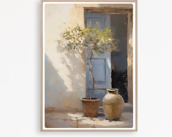 Peut inclure: Une peinture représentant un petit arbre dans un pot en terre cuite, à côté d'un pot en terre cuite plus grand, devant une porte bleue. La scène est baignée de soleil, projetant des ombres sur le mur.