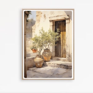 Op de afbeelding: Een aquarel van een wit gebouw met een houten deur en drie terracotta potten met planten ervoor.