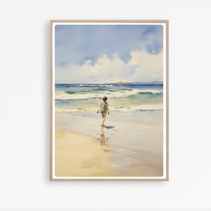 Boy on Beach-print, vintage strandschilderij, retro kustprint, zachtblauwe kustprint, digitale download