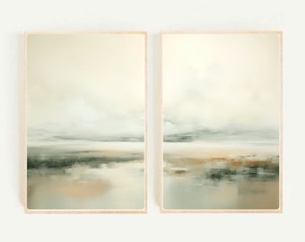 Watercolor Landscape Set of Two Prints, Lake Print Set, Muted Landscape diptych, Vintage Wall Art, Digital Download