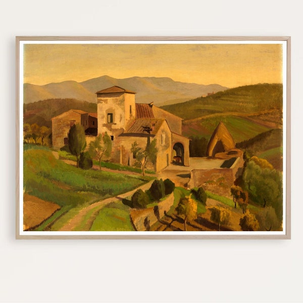 Vintage Tuscan Farmhouse Print, Umbria Painting, Tuscany Italy Wall Art, Villa Art,  Digital Download