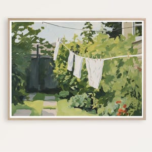 Laundry Line Print, Washing line Painting, Laundry Room Wall Art, Summer Garden, Cottagecore Print, Digital Download