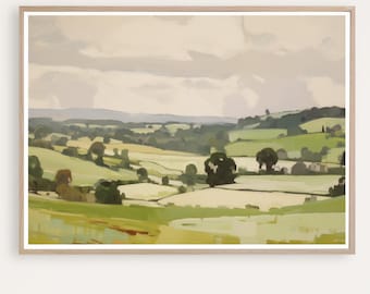 Puede incluir: Una pintura de un paisaje verde ondulado con un cielo nublado. La pintura presenta una variedad de tonos verdes y matices de marrón. El paisaje está salpicado de árboles y campos.
