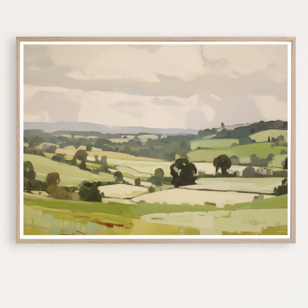 Lámina artística de paisaje verde, pintura campestre, paisaje en acuarela, escena tranquila, descarga instantánea